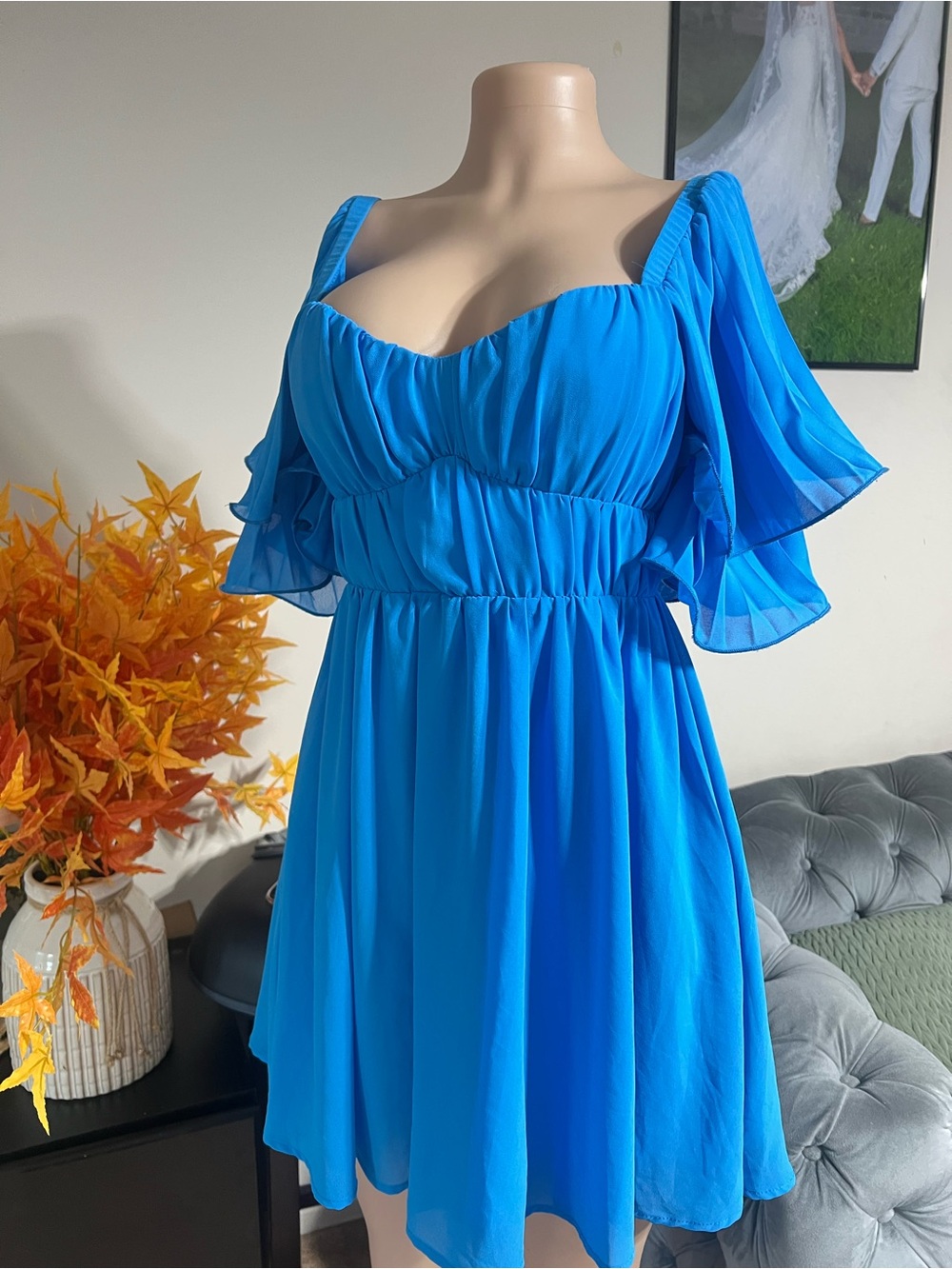 Vibrant Blue Flutter-Sleeve Mini Dress